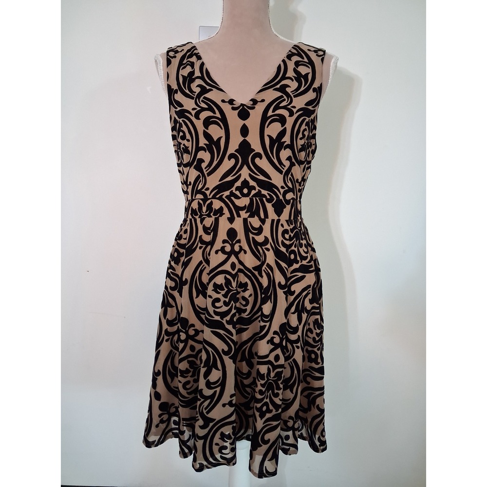 Verte Womens Tan Black Velvet Burnout Damask Mesh V-Neck Flare Dress Large